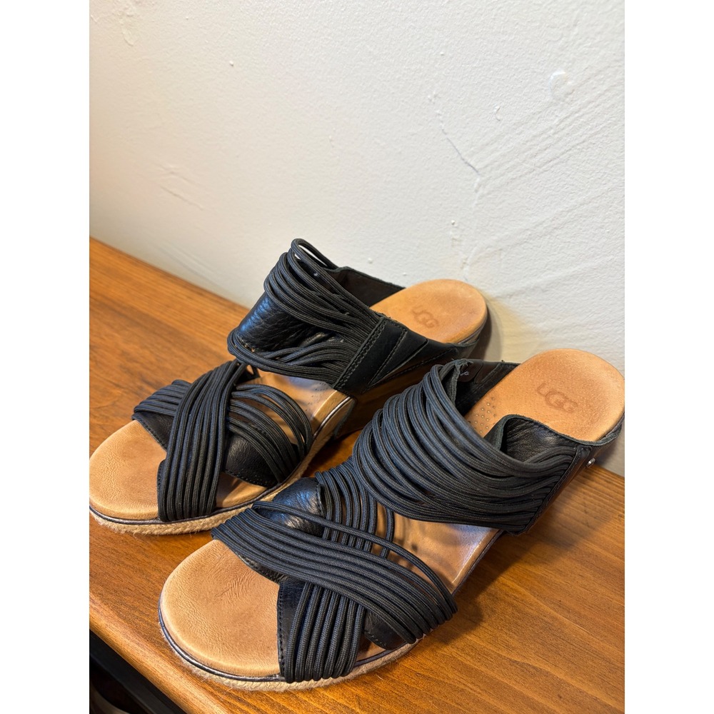 UGG Black Leather Elastic Strappy Wedge Sandals Studded Espadrille 1012184 8.5